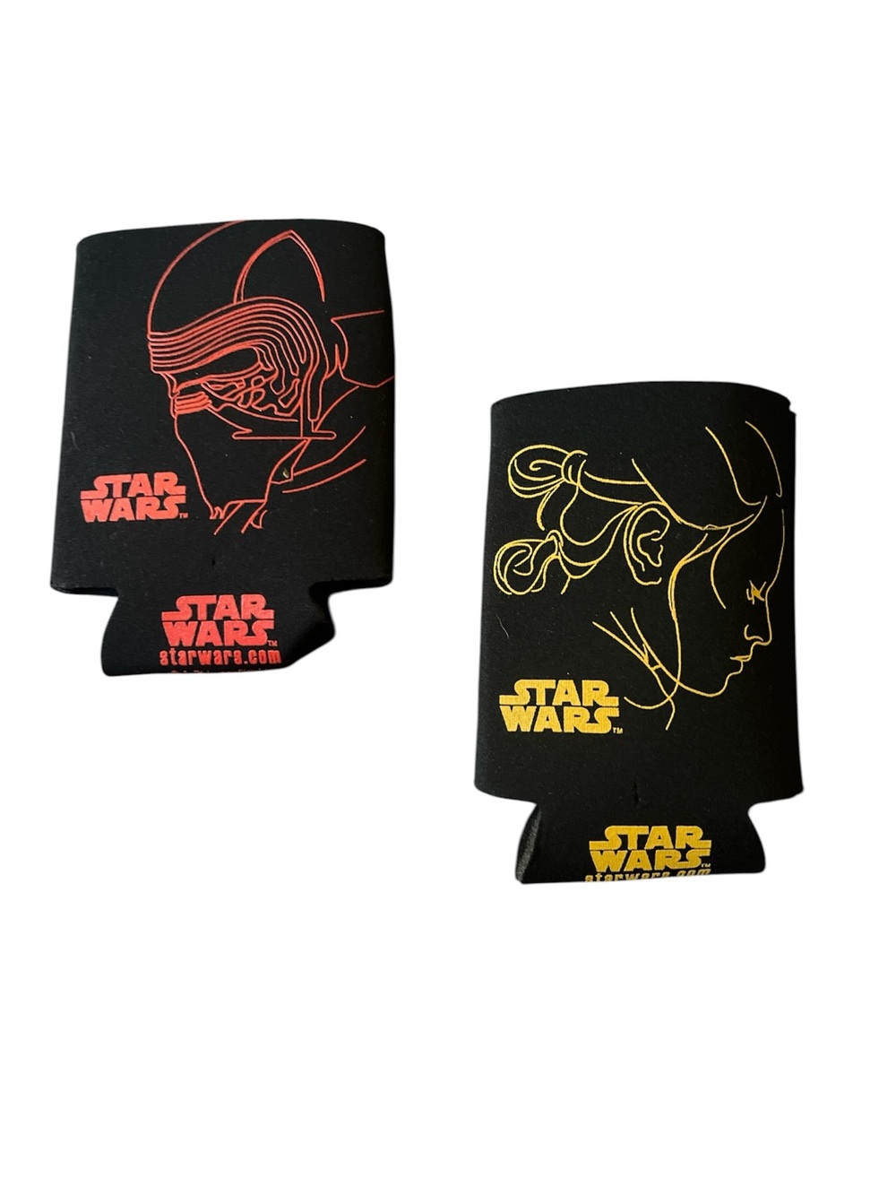 Star Wars Black Can Koozies with Red Kylo Ren & Yellow Leia Art
